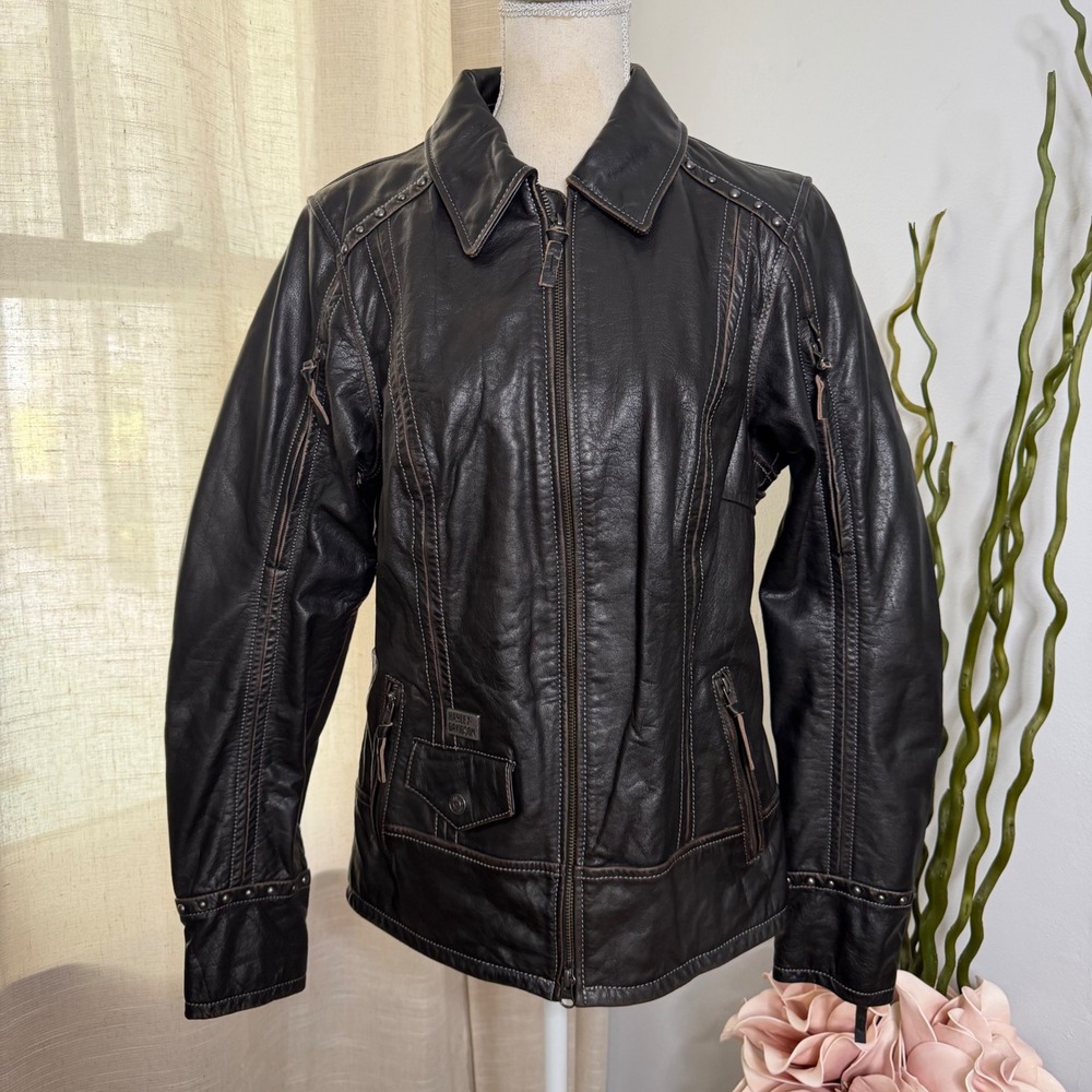 Harley Davidson Intrepidity Leather Jacket Vented Studded Brown Women's Large
